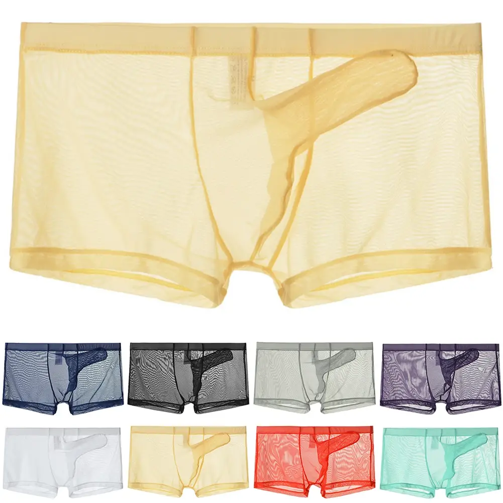 Sexy men malha transparente leve roupa interior ver através respirável boxer briefs calcinha separação bala masculino boxer calcinha
