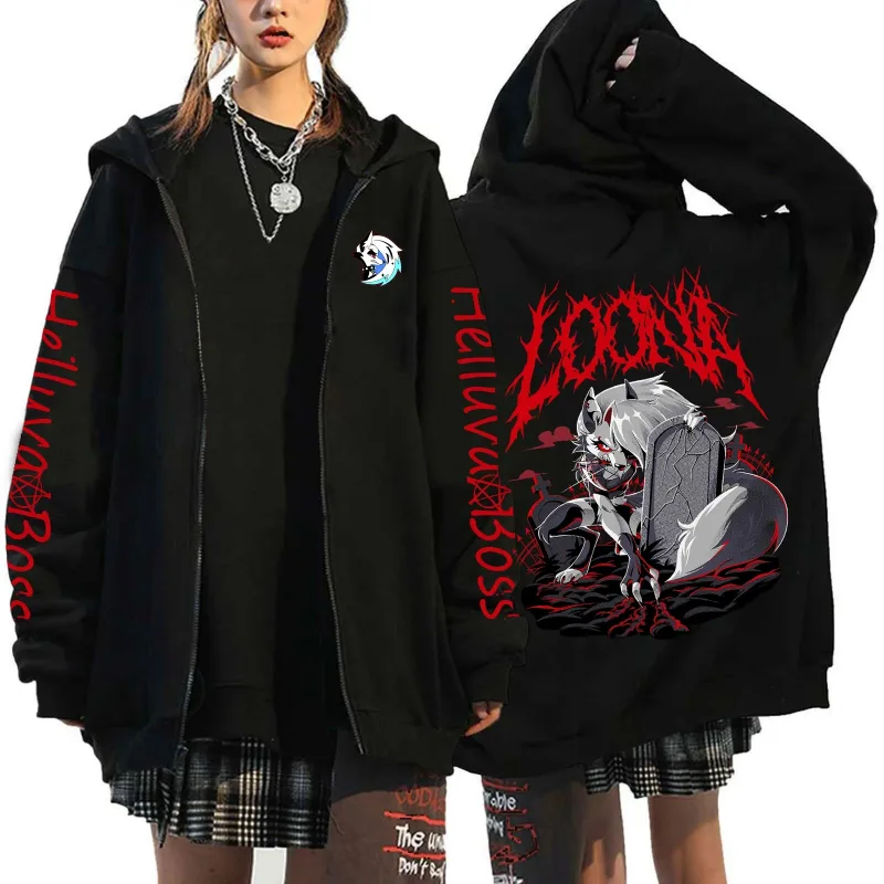 Helluva Boss Print Huvdragkedja Män Kvinnor Fritidsmode Höst Vinter Varm vintage långärmade toppar Fleece sweatshirts med dragkedja — image 3