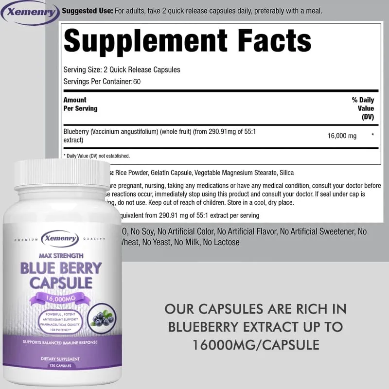 Blueberry Extract Supplement 16000mg 120 Capsules - Non-GMO — image 2