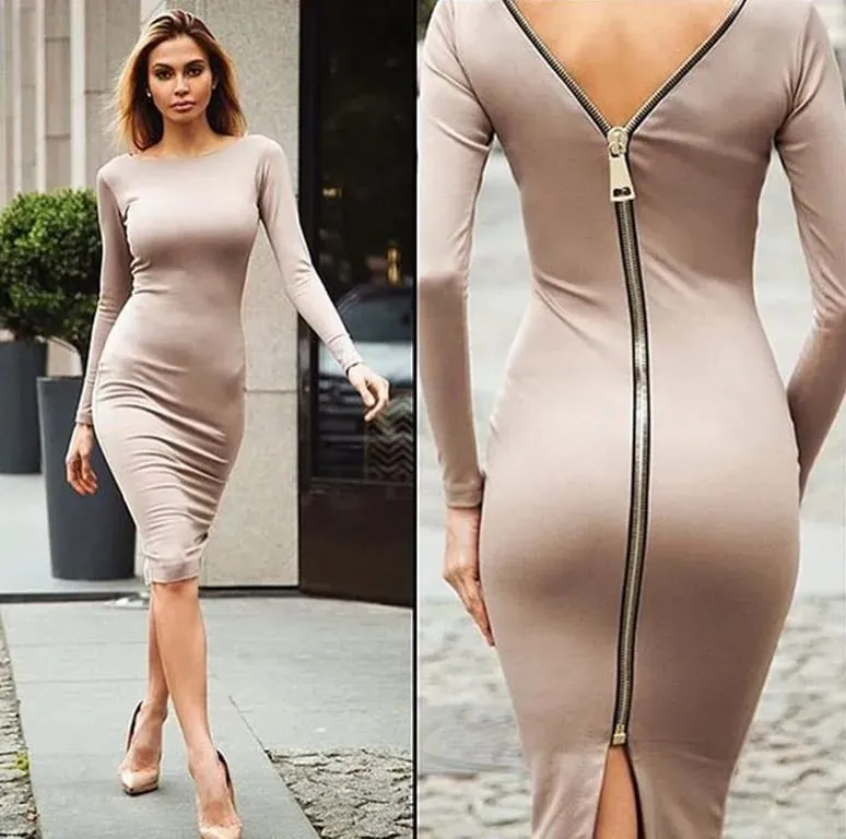 Ανοιξιάτικο νέο μεγάλο μέγεθος Bodycon φόρεμα Μονόχρωμο Στρογγυλή λαιμόκοψη μακρυμάνικο πίσω στενό φόρεμα με φερμουάρ Γυναικεία ρούχα D1240 — image 8