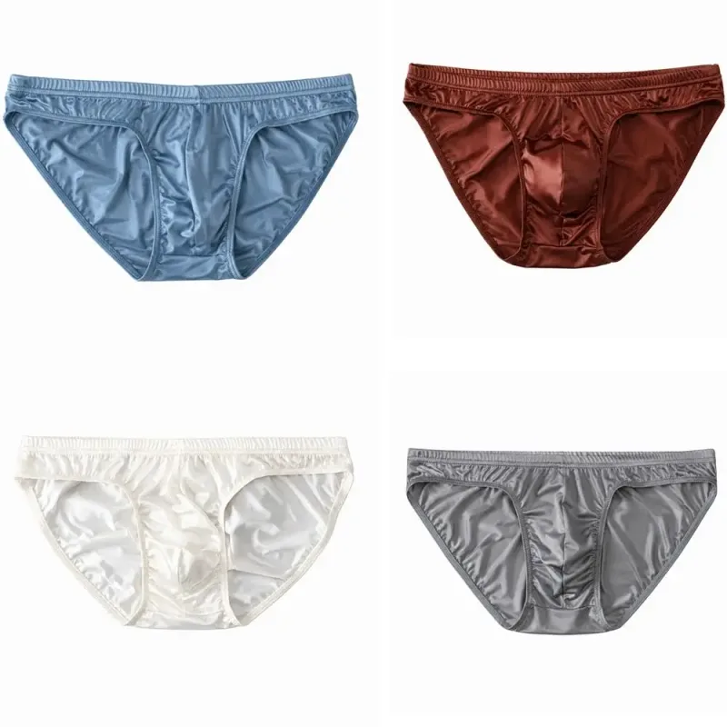 Cool Smooth Men's Underwear Low Waist Bulge Pouch Ice Silk Briefs Lingerie Breathable Satin Silk Panties Daily Routine — image 2