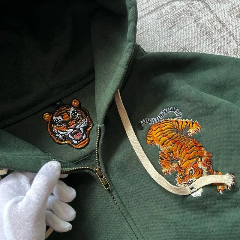 Dark Brown Full Zip Hoodie Double Men Wolf Embroidery Drawstring Pocket Oversized Y2K Grunge Vintage Street Zip Up Sweat Jackets — image 9