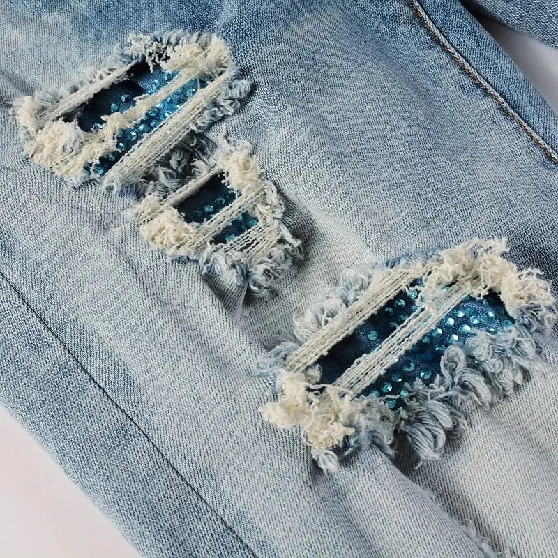 Men Crystal Patch Denim Jeans Streetwear Blue Patchwork Stretch Pants Ripped Distressed Skinny Tapered Trousers — image 4