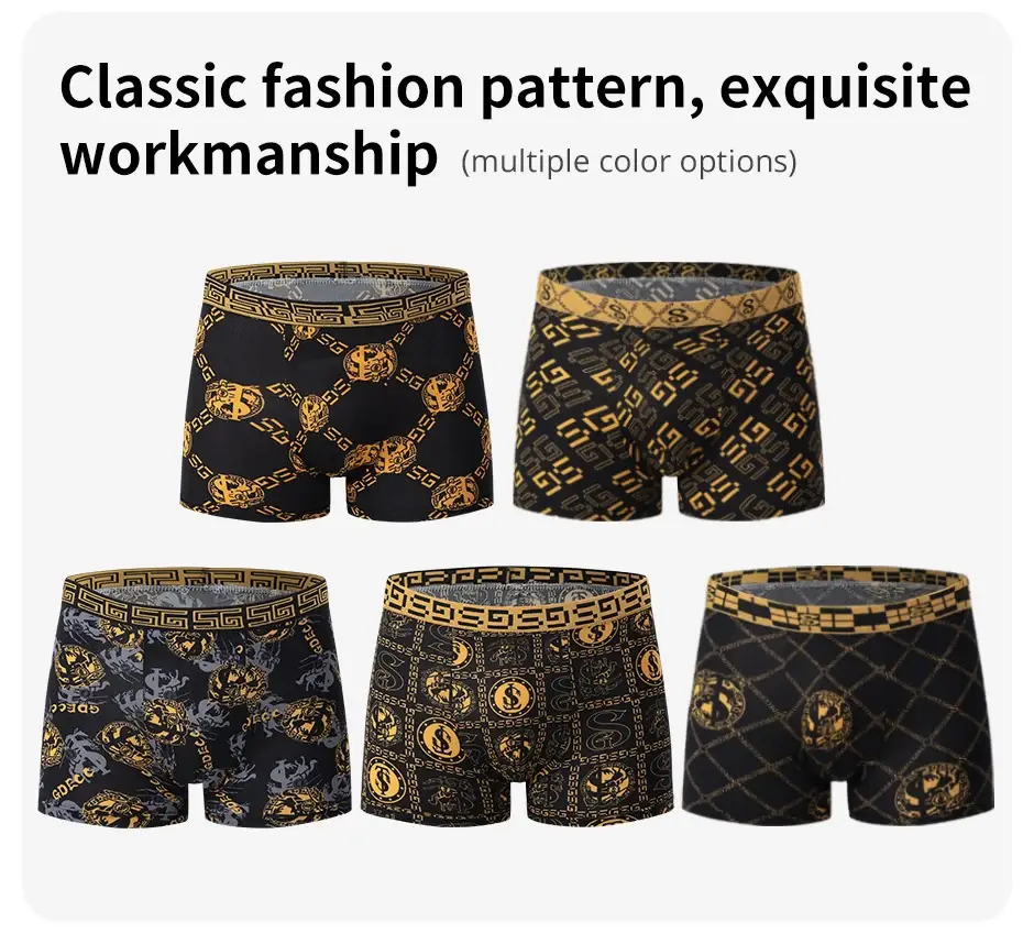 5-piece Set Of Black Gold Printed Men's Underwear Quick Drying Breathable Comfortable Elastic Casual Fashionable And Trendy — image 1