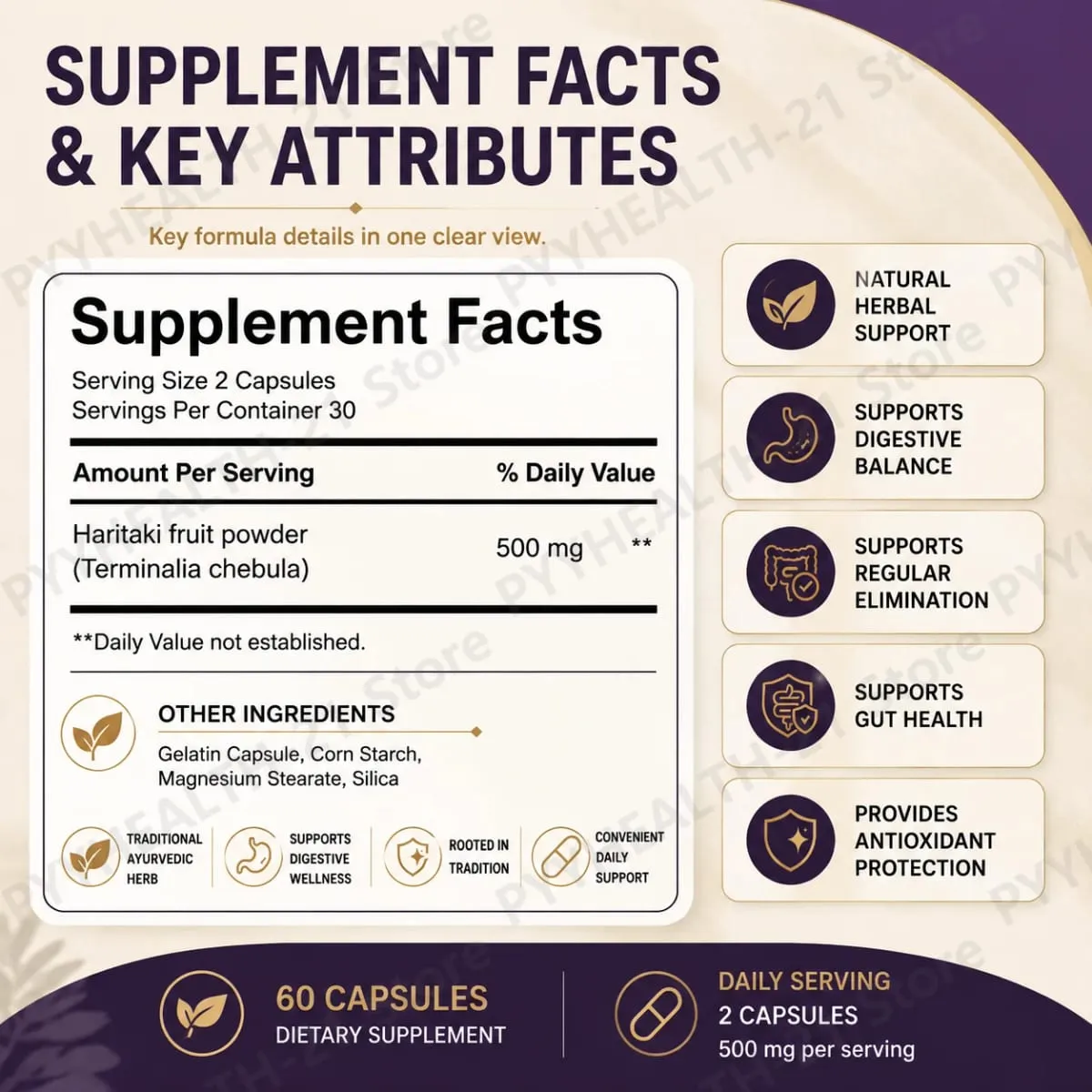 Haritaki 3rd Eye Supplement 500mg Supports Digestive Balance Gut Health Regular Elimination Daily Antioxidant Protection 60 Ct — image 3