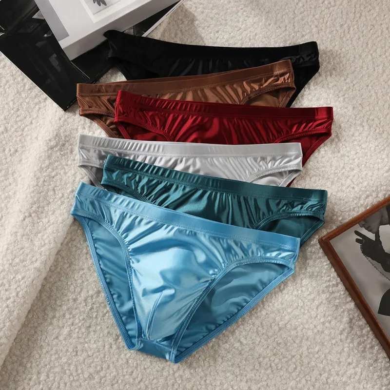 Cueca de biquíni masculina luxuosa de cetim marrom, cintura alta elástica, suave e brilhante, com bolsa de contorno 3d, respirável, íntima — image 2