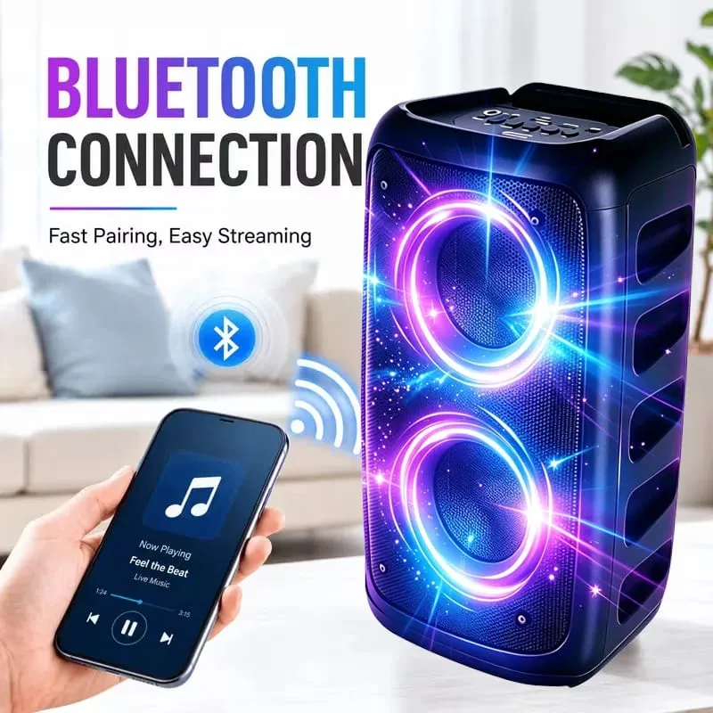 9900 Hz-es professzionális nagyméretű Bluetooth hangszóró mikrofonnal, hordozható kivitelben, mélynyomó Party Box LED-világítással, amely kompatibilis a BT/USB/TF/AUX/FM/TWS/MIC/EQ professzionális karaoke funkciókkal. Ideális ajándék születésnapra karácsonyra és újévre