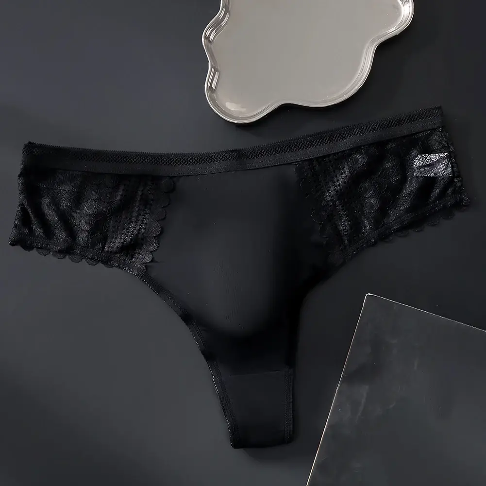 1pc Men's Sexy Lace Briefs Seamless Ice Silk G-String Underwear 3D Bulge Pouch Solid Thong High Elastic Breathable Panties — image 8