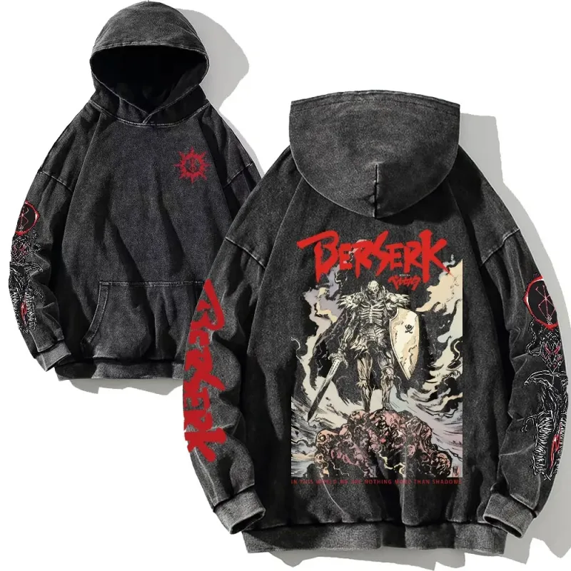 Support Custom Anime Berserk Graphic Hoodies Vintage Washed Oversized Hooded Cool Long Sleeves Cotton Hoodie Men Women Clothes — image 3