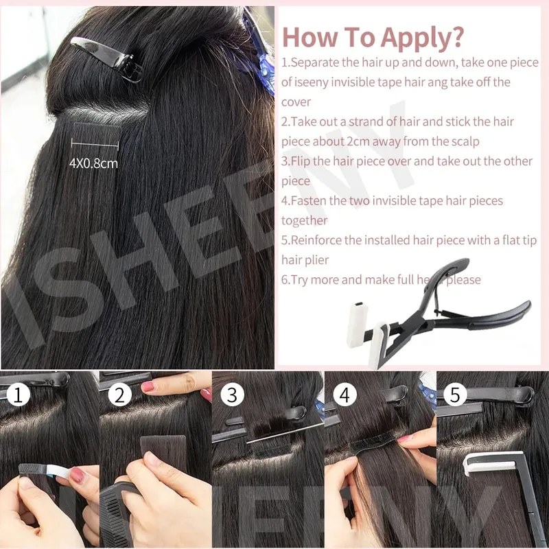 Isheeny Invisible Tape In Hair Extensions 12" 16" 20" Skin Weft Tape Ins 10pcs Natural Straight Machine Made Remy Human Hair — image 6