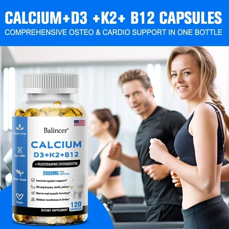 Balincer Vitamin D3+K2+B12 2000mg Capsules for Bone Immune and Calcium Support 120 Capsules Non-GMO