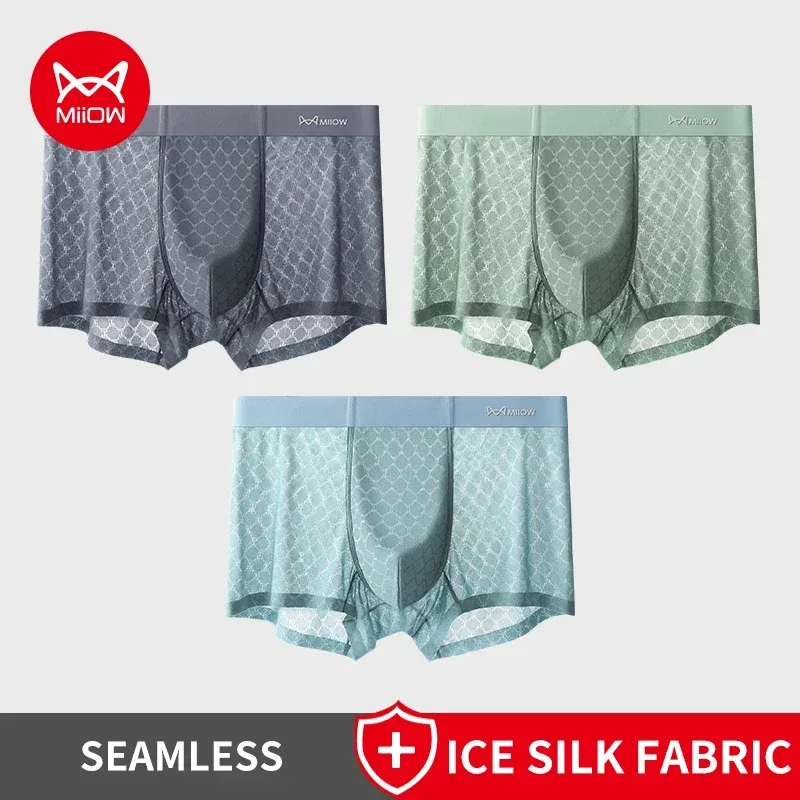 Miiow 3 pçs sem costura de seda gelo boxer roupa interior dos homens verão malha respirável calcinha antibacteriana homem cuecas boxers