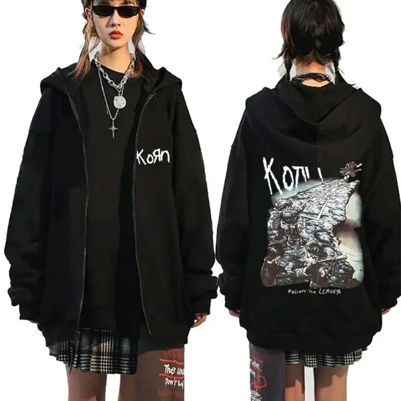 Korn rock band carta logotipo zíper hoodie masculino metal gótico vintage oversized zip up hoodies streetwear punk camisolas jaquetas — image 11