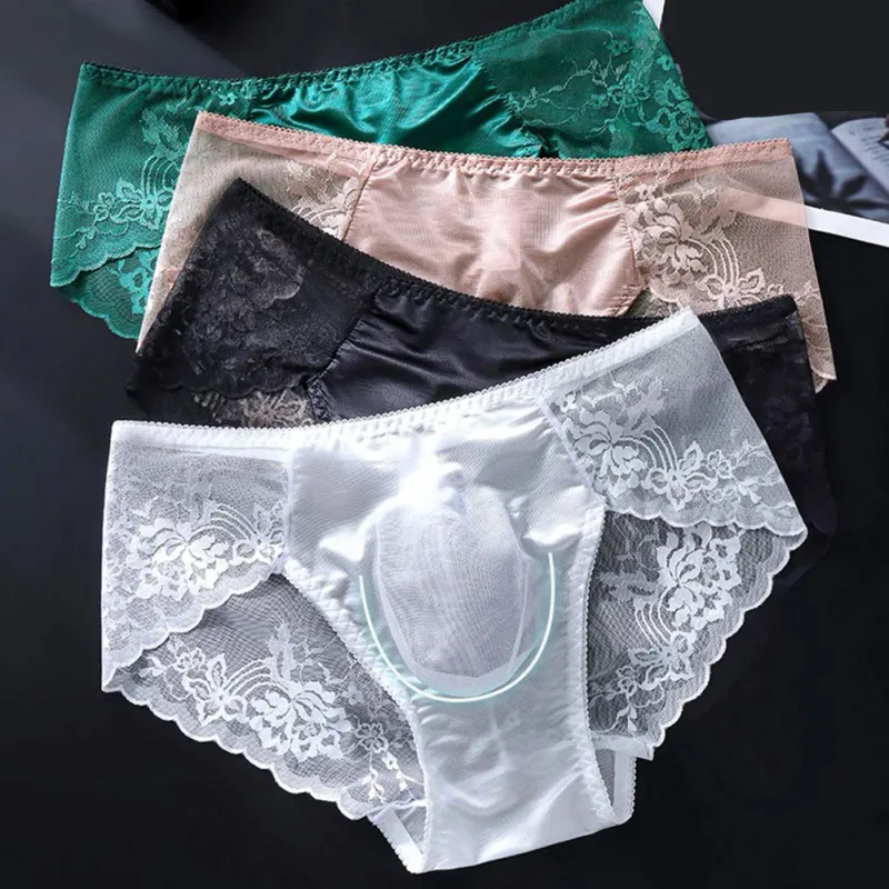 Cuecas masculinas de renda sem costura cuecas de seda gelada 3D bolsa com protuberância calcinha gay de cintura baixa — image 3