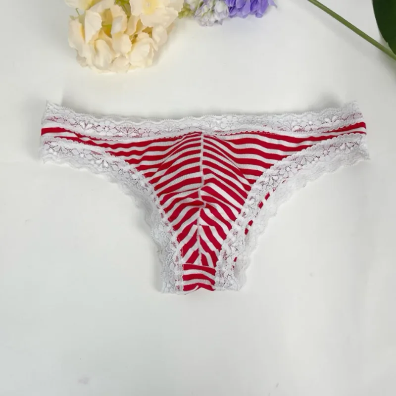 Men Lace Trim Striped G-string Underwear Half-covered Butt Low-rise Pantie Breathable Sexy U Bulge Pouch Comfortable Tong — image 9
