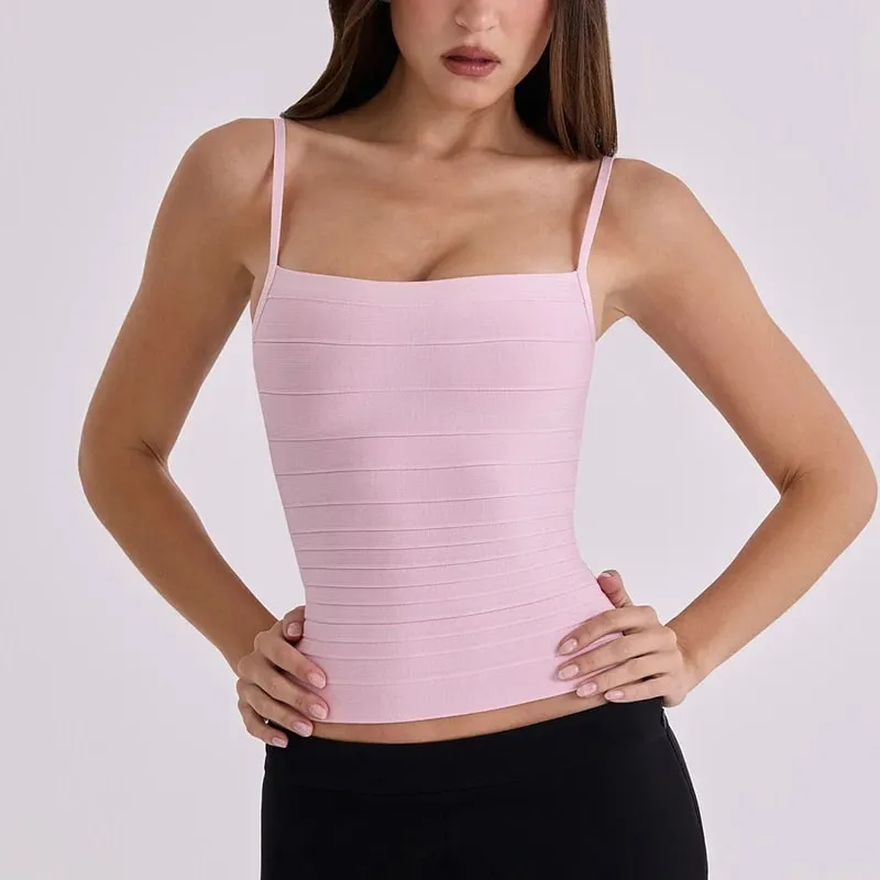 Női nyári egyszínű kötés Camisole Slim Fit négyzet alakú nyakú spagetti pánt bordás kötött Cami felső