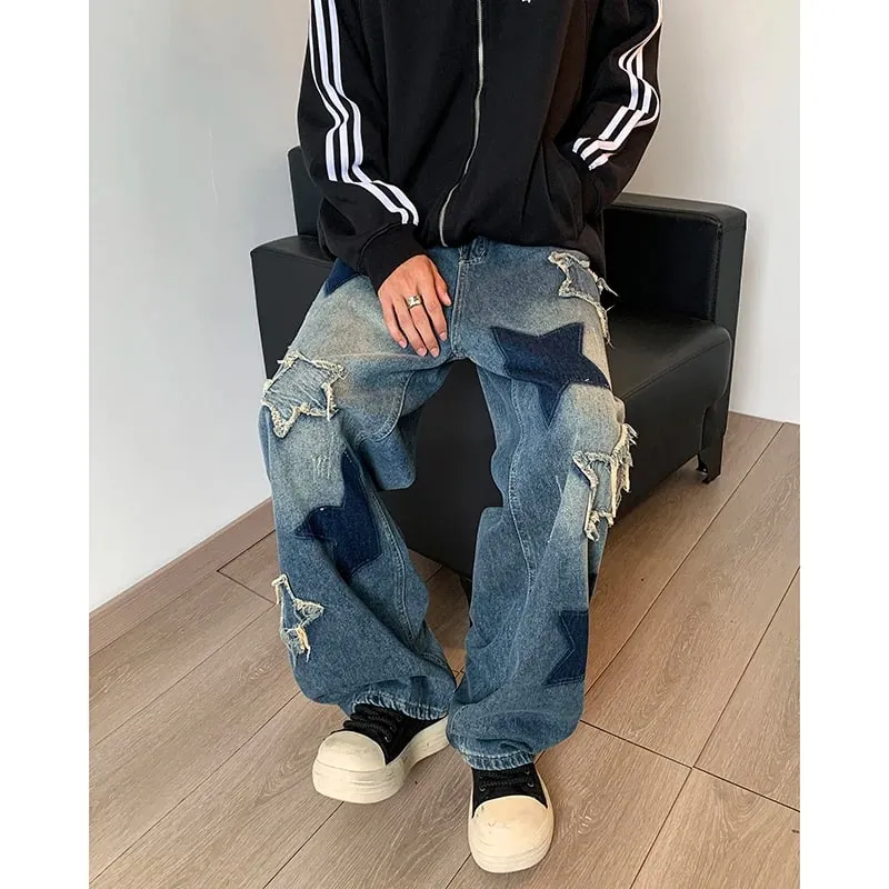 Farmer Férfi Egyenes csillag hímzés Patchwork őszi farmer Uomo széles lábú Hip-hop divat Ifjúsági semleges utcai viselet farmer nadrág — image 6