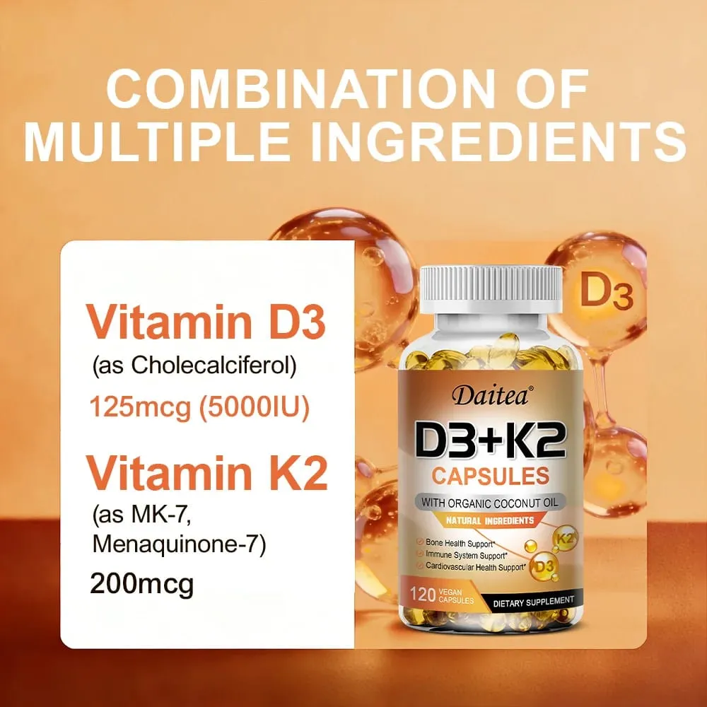 Vitamin D3 K2 Capsule - 5000 IU Vitamin D3 Promotes Strong Bones Calcium Absorption Teeth Heart Cardiovascular Health