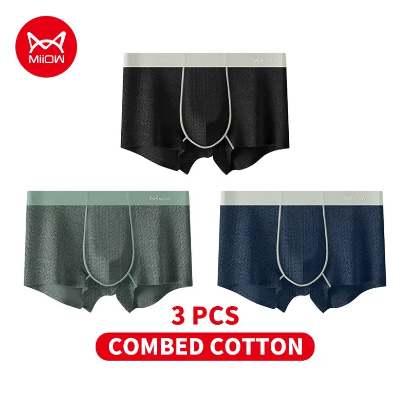 MiiOW 3Pcs Cotton Jacquard Fabric Men Boxershorts 7A Antibacterial Crotch Mens Panties Soft Comfortable Man Underwear Underpants