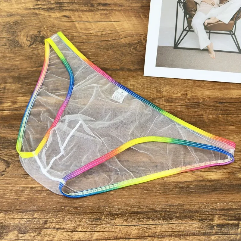 Cuecas masculinas coloridas de cintura baixa u convexa, cuecas de gaze sexy ultrafinas de malha pura transparente — image 3