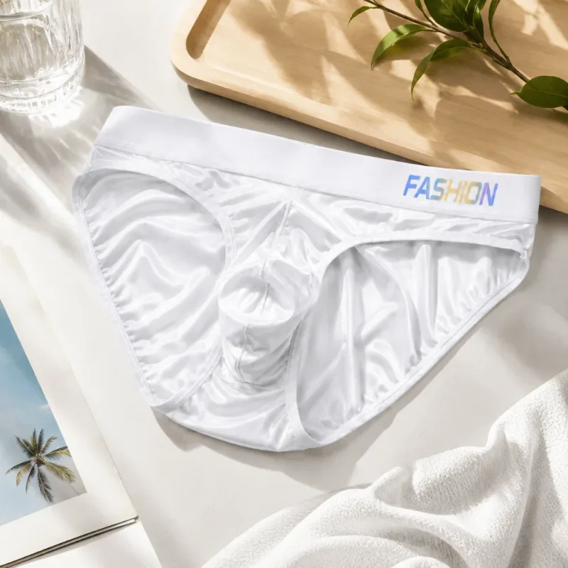 Underwear Men's Triangle Panties Low Waist Ultra Smooth Satin Silky Briefs Lingerie Gradient Letter Glossy Underpants Daily Wear — image 11