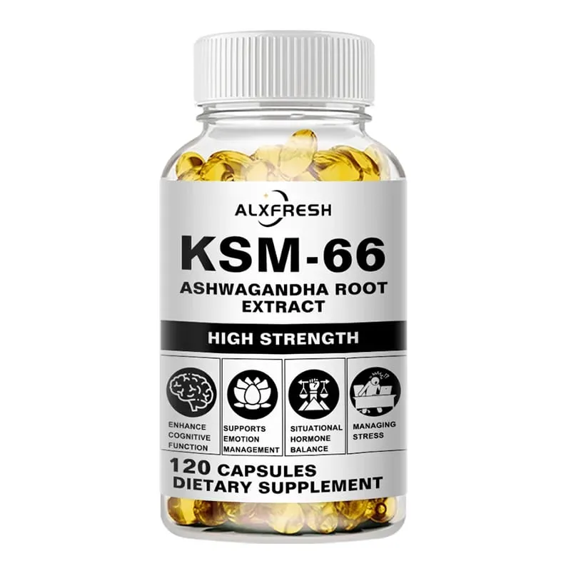 Φυσικό βιολογικό Ashwagandha KSM-66 Συμπληρώματα Κάψουλες για Ανακούφιση από Στρες Focus Brain Energy Support Συμπλήρωμα για την υγεία ύπνου