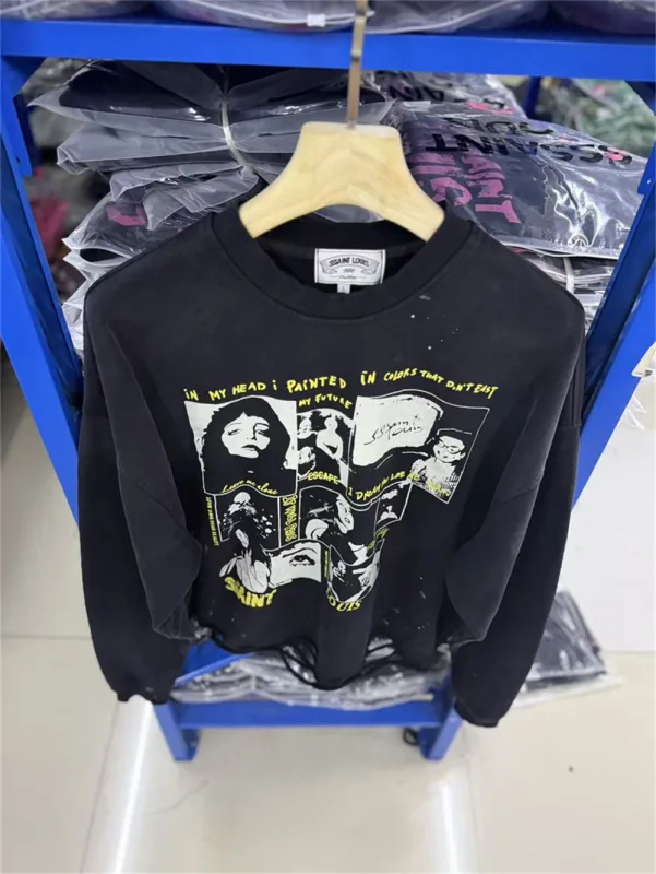 Autumn Winter New Saint Graffiti Print Vintage Washed High Street Casual Loose Cotton Versatile Hoodie Trendy Sports Top Men