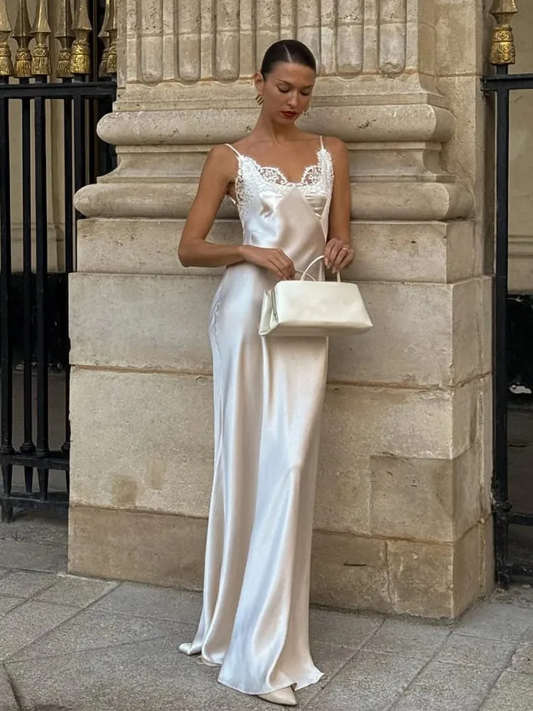 Robe Maxi en dentelle Patchwork pour femmes, Sexy, couleur unie, col en v, sans manches, dos nu, en Satin, Slim, longue, Chic, robes de soirée — image 3