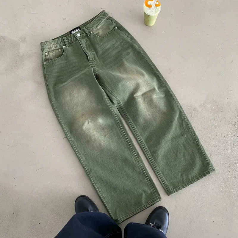 Y2K Retro Matcha Τζιν Τζιν Πλυμένο Μπιλιάρδο Κεντημένο Τζιν Παντελόνι Λονδίνο Μόδα Νέας Υόρκης Streetwear Unisex φαρδύ τζιν