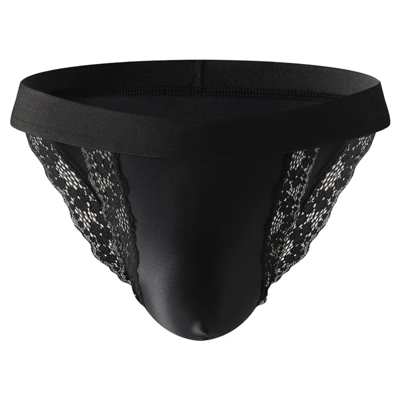 Satin-like Comfortable Men Panties Lace Trim Briefs Sexy High Fork Bikinis Underwear Breathable Low Waist Pouch