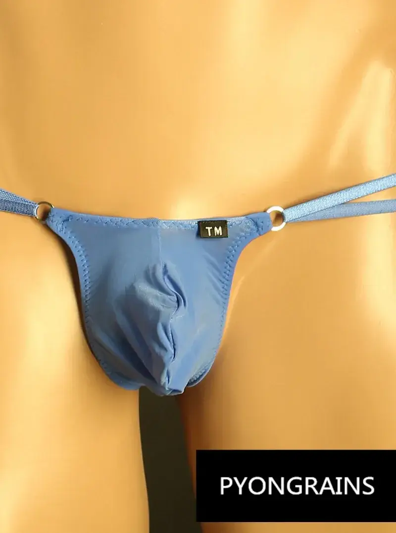 Homens ajustável metal o-ring dupla alça fina bikini briefs cintura baixa sedosa gelo seda 3d u bolsa convexa sexy roupa interior masculina