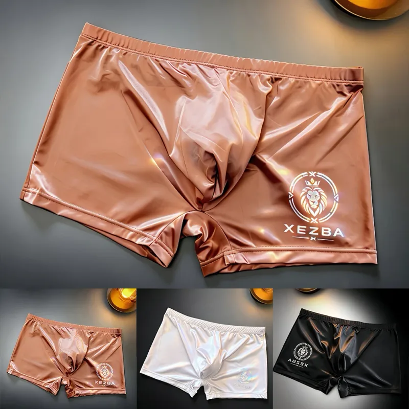 Men Glossy Ice Silk Boxer Shorts Briefs U-shape Pouch Underwear Home Sleep Trunk Men's Glossy Satin Ice Silk Long Leg Boxer