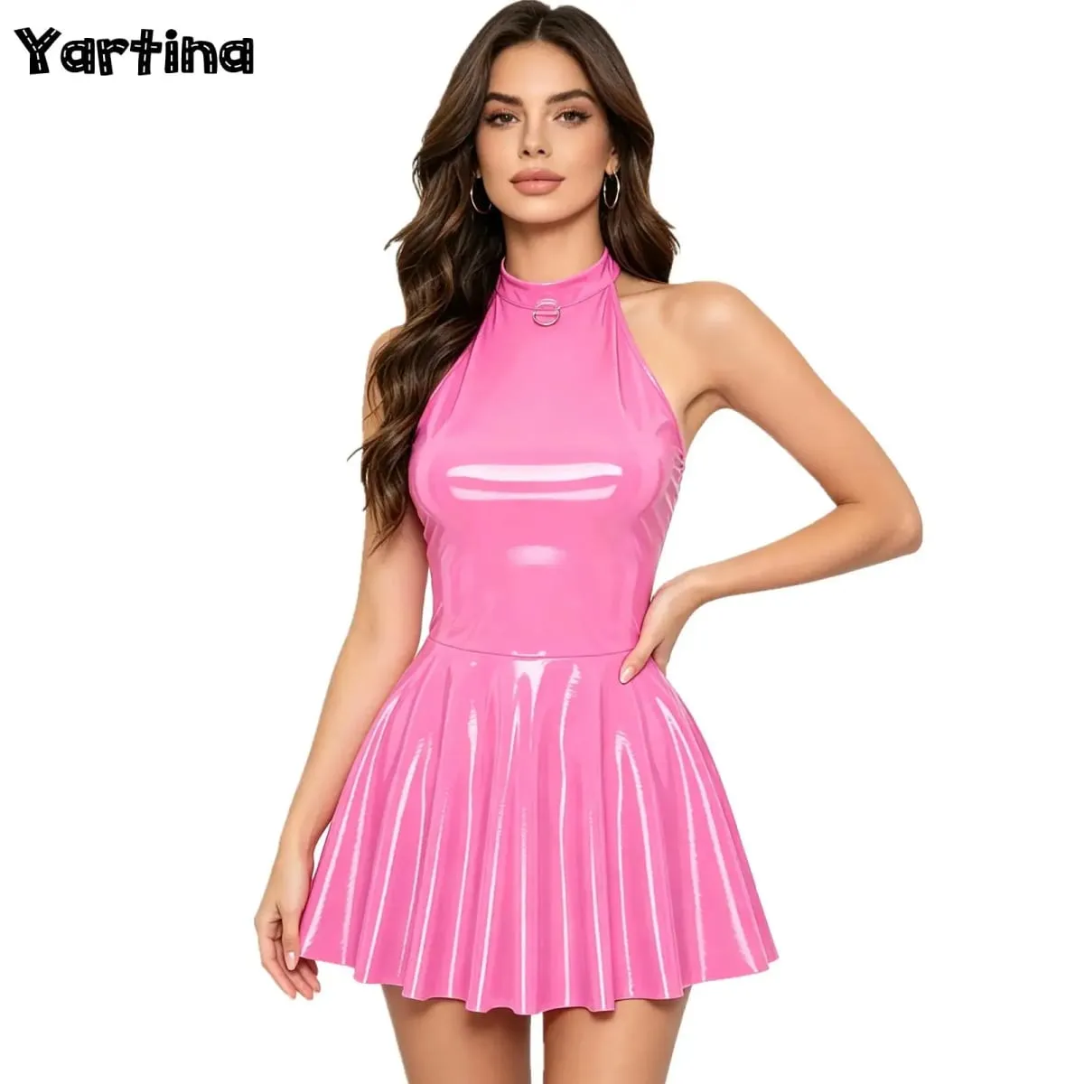 Fényes lakkbőr fényes mini A-vonalú latex ruha női swing szoknya Skater Bodycon mini ruha Rave Disco Party Clubwear — image 2