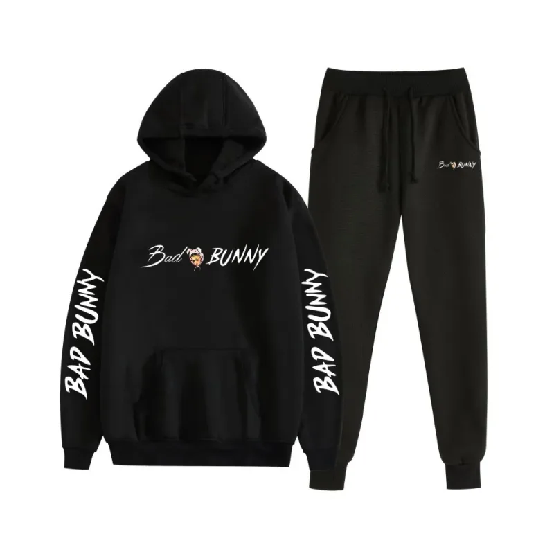 Harajuku confortável bad bunny impressão moletom moletom terno feminino hoodies + calças terno meninos/meninas 2 peça conjunto roupas — image 32
