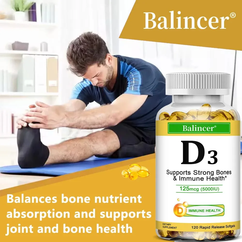 Συμπλήρωμα διατροφής Balincer Vitamin D3 5000 IU (125 mcg) για οστικά δόντια Μύες και Υποστήριξη Ανοσοποιητικής Υγείας 30/60/120 Softgels — image 5