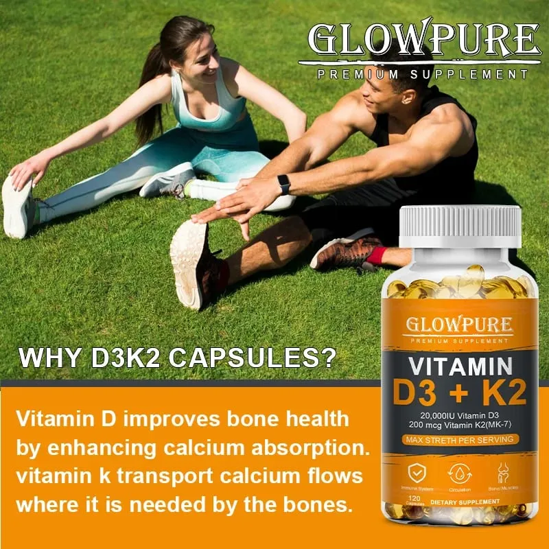 Vitamin D3 K2 Capsule - 20 000 IU Vitamin D3 Promotes Strong Bones Calcium Absorption Teeth Heart Cardiovascular Health