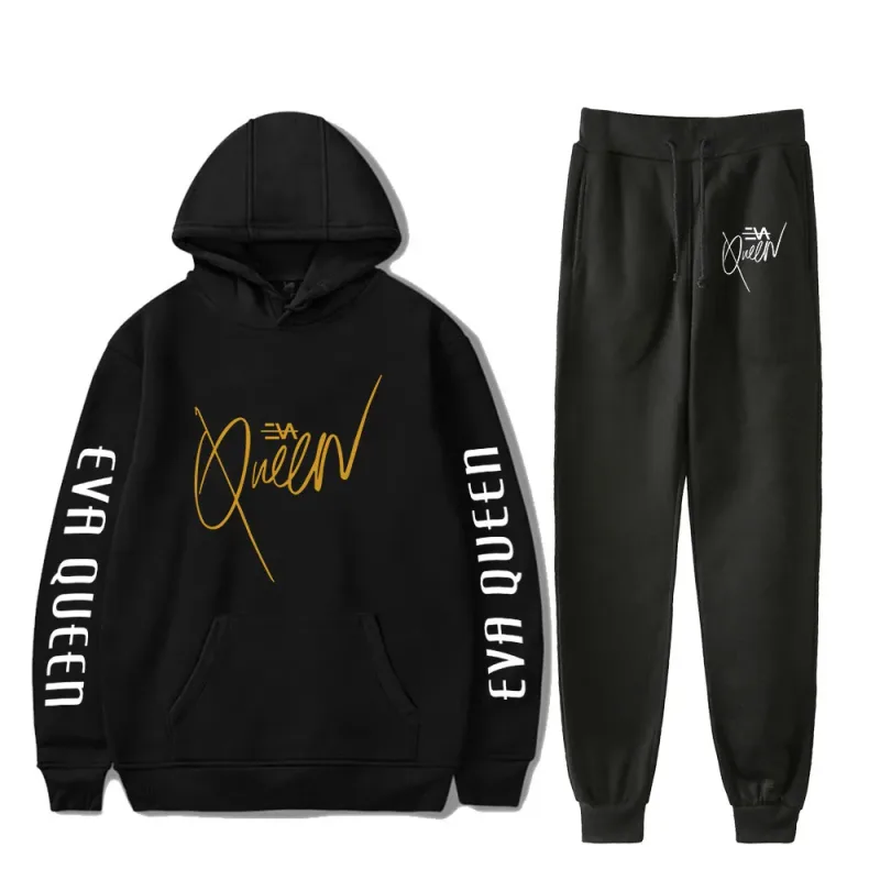 Hip hop confortável eva rainha impressão moletom moletom terno hoodies + calças terno meninos/meninas 2 peça conjunto roupas — image 2