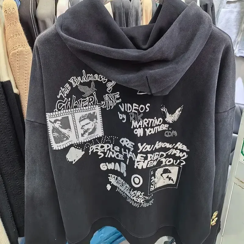 Hoodies PALY Bersaiz Besar Baru Lelaki Wanita Dicuci Hitam Rosak Kualiti Terbaik Kasual Vintage Cardigan Zip Sweatshirt