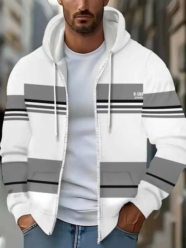 Hoodies for Man Striped Print Full Zip Sweatshirt Outdoor Wear Man Hoodie Fashion Casual Loose Sports Tops Pullover Man Clothing — image 3