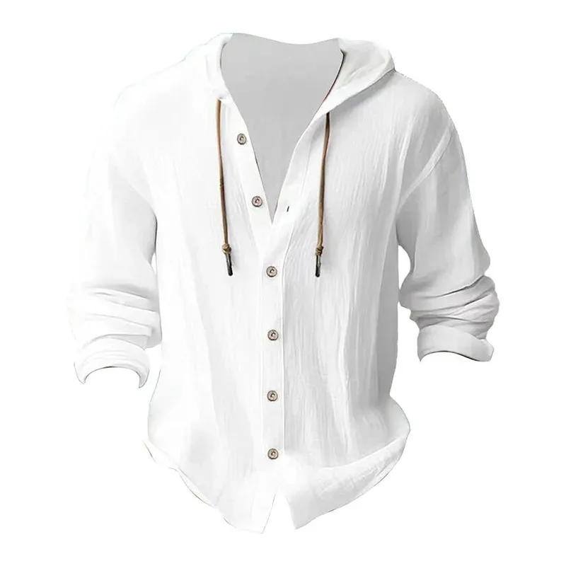 Enfärgad casual tröja för män, dragsko med luva Kofta i bomull och linne Trendig och mångsidig lös strand-t-shirt — image 7