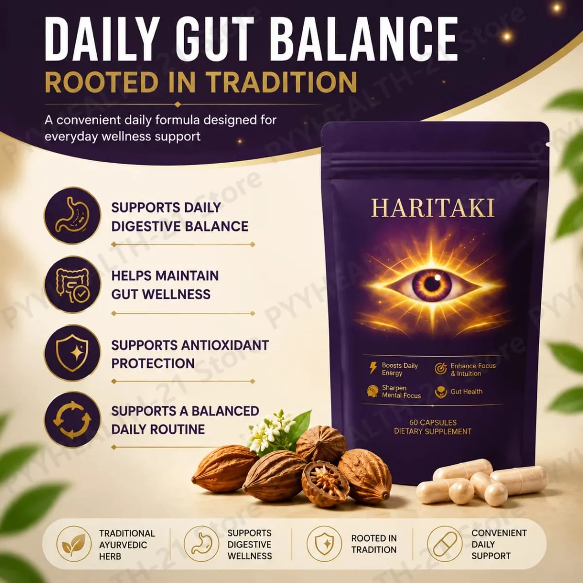 Haritaki 3rd Eye Supplement 500mg Supports Digestive Balance Gut Health Regular Elimination Daily Antioxidant Protection 60 Ct — image 2