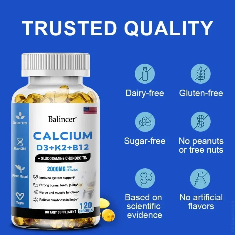 Balincer Vitamin D3+K2+B12 2000mg Capsules for Bone Immune and Calcium Support 120 Capsules Non-GMO