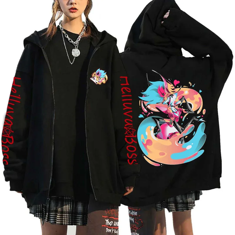 Helluva Boss Print Huvdragkedja Män Kvinnor Fritidsmode Höst Vinter Varm vintage långärmade toppar Fleece sweatshirts med dragkedja — image 10