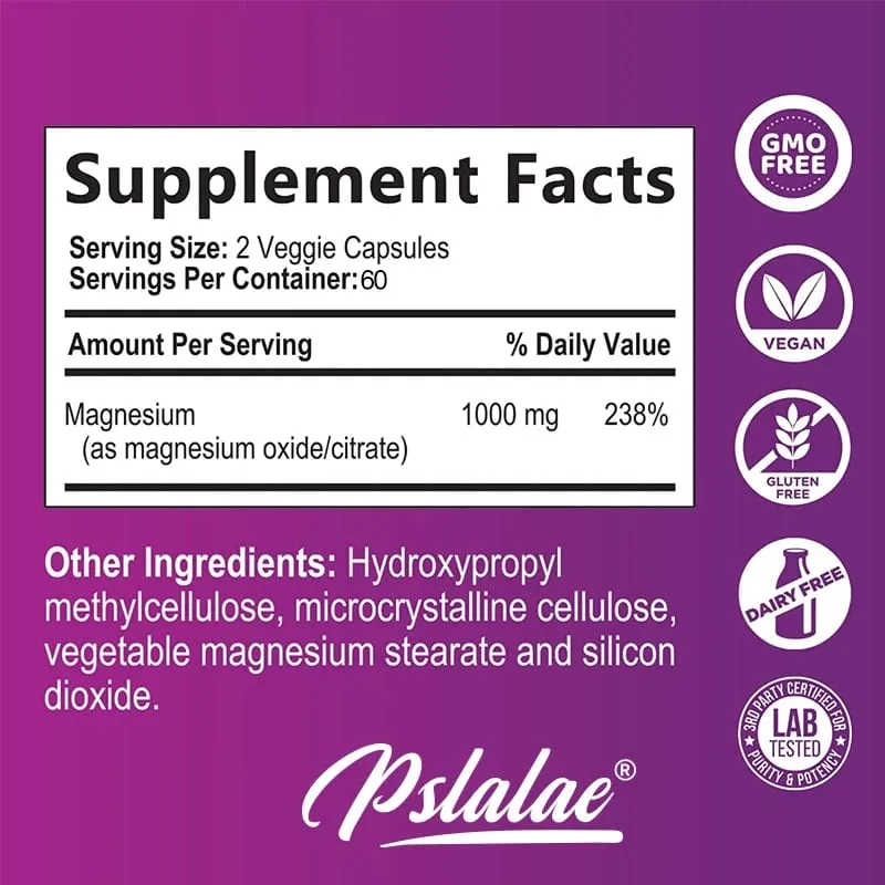Magnesium Citrate Capsules 1000 Mg - Maximum Absorption for Muscle Nerve Bone and Heart Health Gluten Free Non-GMO — image 3