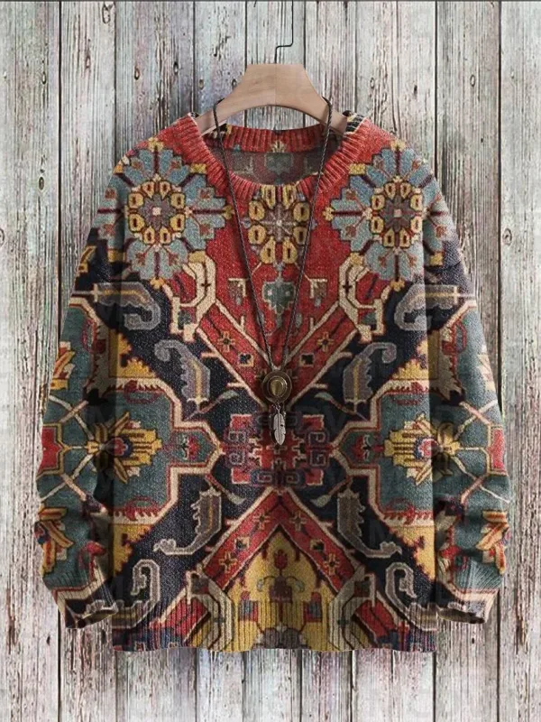 Suéter pulôver de malha com estampa vintage padrão feminino para homens