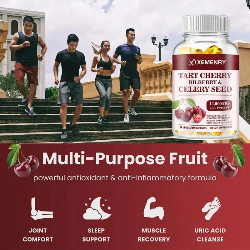 Organic Tart Cherry & Celery Seed Capsules - Uric Acid Cleanse Support Sleep & Joint Health Muscle Repair Supplement
