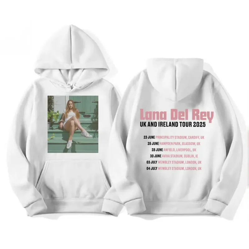 Lana Del Rey UK & Ireland Tour 2025 Gráfico Hoodies Homens Mulheres Moda Estética Casual Pulôveres Manga Longa Moletons com Capuz