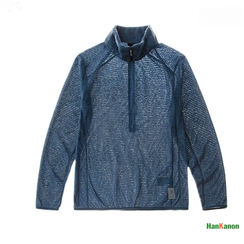 Moletom masculino com gola alta e meio zíper, camada base versátil de lã de ar para acampamento ao ar livre, caminhadas, ciclismo