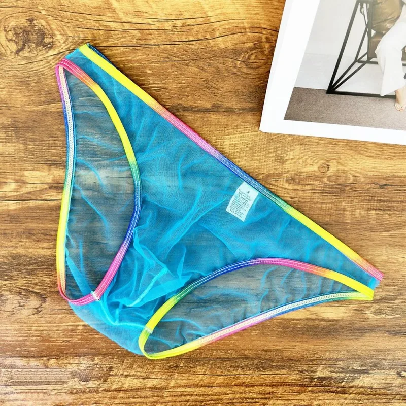 Cuecas masculinas coloridas de cintura baixa u convexa, cuecas de gaze sexy ultrafinas de malha pura transparente — image 17
