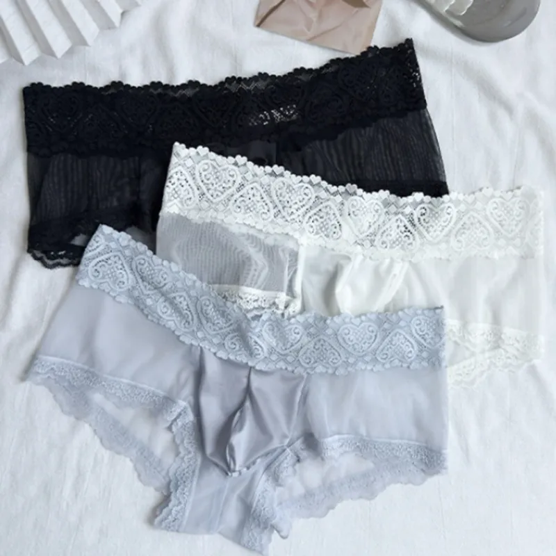 Men Ice Silk Lace Trim Thin Seamless Briefs Glossy 3D Pouch Lightweight Underwear Panties Comfortable Daily Lingerie — image 7